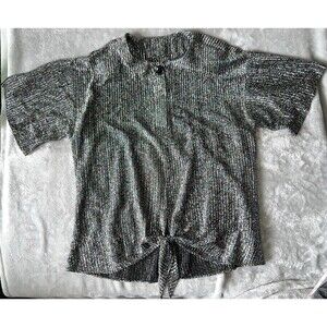 Vintage 70/80s Metallic Knit Disco Top LG 1/4 Button Up Sheer Waist Tie Glitter
